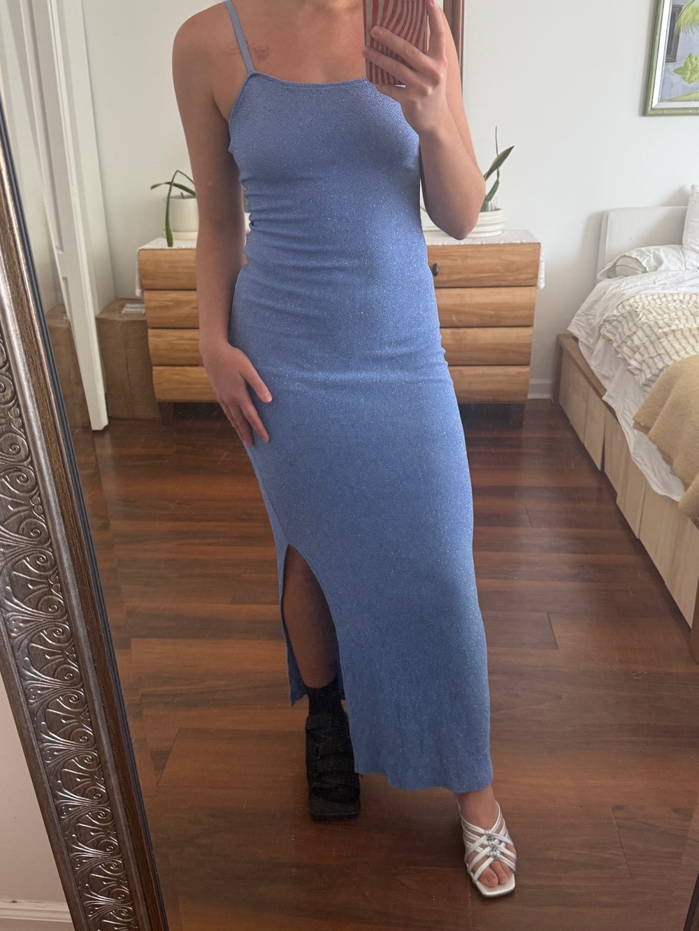 M.STUDIO Light Blue Knit Spaghetti-Strap Maxi Dress with Side Slit